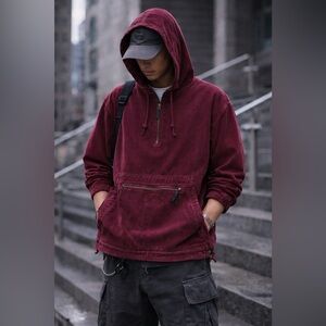 VTG Manisha Burgundy Corduroy Boxy Fit Anorak Hoodie—Large